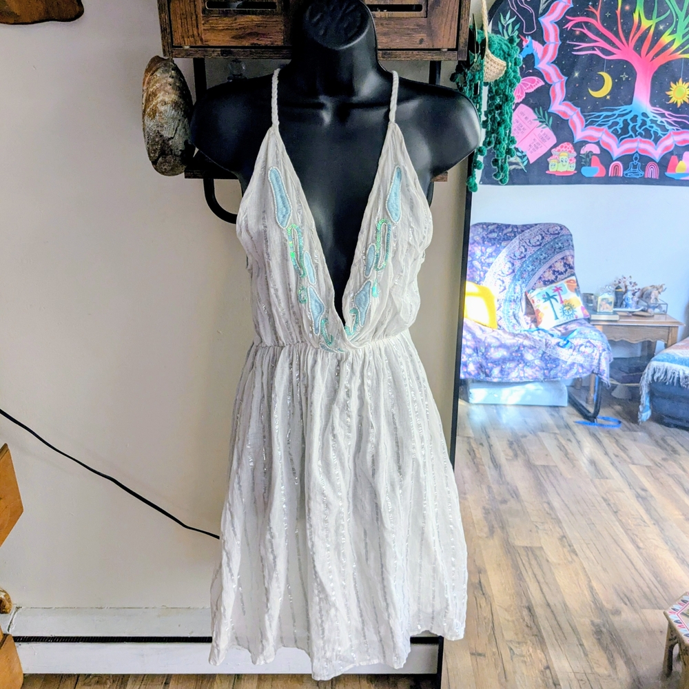 White Halter Dress with Embroidered Details